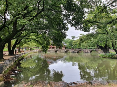 Namwon-si, Jeollabuk-do, South Korea - 24th July 2020 :  Bridge and Scenery of Gwanghallu Garden or Gwanghallu Pavilion on a rainy day