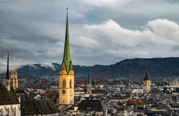 Obraz premium Aerial View of Zurich's Old City at Dusk (Winter) - Zurich, Switzerland