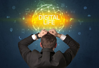 Rear view of a businessman with DIGITAL LIFE inscription, online security concept