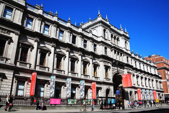 London, UK, April 13, 2014 : The Royal Academy of Arts at Burlington House  Piccadilly which is a popular travel destination tourist attraction landmark stock photo image