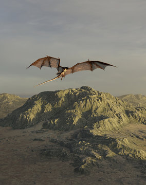 Fantasy illustration of a red dragon flying over a mountain range, 3d digitally rendered illustration