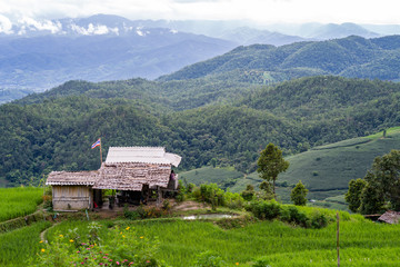 Fototapeta na wymiar Wooden cottage at rice terrace field against mountain scape.