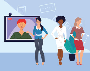 Fototapeta premium businesswomen cartoons in front of screen in video chat vector design