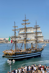 The Amerigo Vespucci training ship of the Italian Navy crosses the navigable canal of Taranto, Puglia, Italy