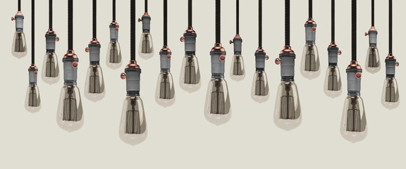 Naklejka premium modern edison light bulps, industrial design, 3d rendering, studio setup with switched off lights, horizontal banner, high resolution