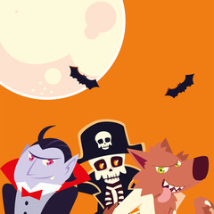 Halloween vampire skull pirate and werewolf cartoons vector design
