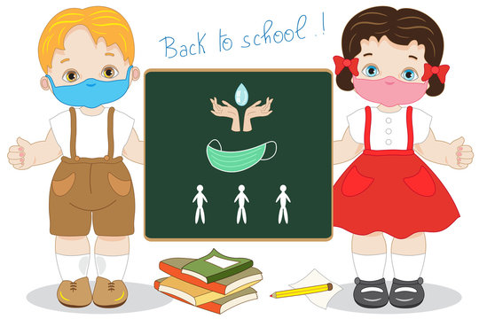 Two children with a large blackboard happily begin the lessons at school with a mask