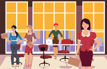 businesswomen cartoons with files in front of office meeting table vector design