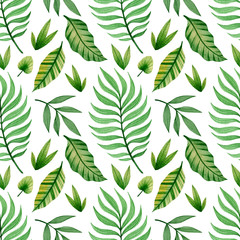 Watercolor seamless pattern of tropical leaves on a white background.