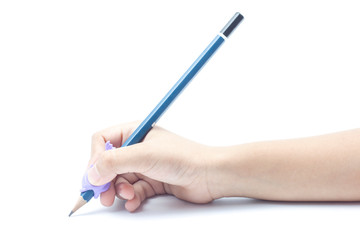 Hand of kids catching pencil by silicone, Helps to capture the pencil of children correctly (Ergonomically correct writing). Isolated on white background.