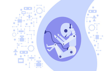 A robot grows inside the human womb. With umbilical cord connected to head