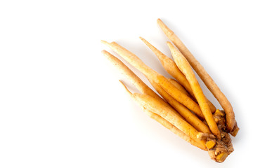 Fingerroot ( Chinese Ginger, Galingale, Kaempfer, Boesenbergia rotunda, Krachai ) isolated on white background. Natural herbal plant concept. Top view. Flat lay. 