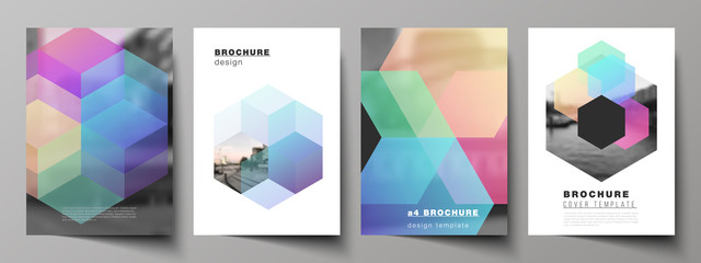 Vector layout of A4 format cover mockups design templates with colorful hexagons, geometric shapes, tech background for brochure, flyer layout, booklet, cover design, book design, brochure cover.