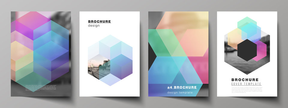 Vector layout of A4 format cover mockups design templates with colorful hexagons, geometric shapes, tech background for brochure, flyer layout, booklet, cover design, book design, brochure cover. - Powered by Adobe