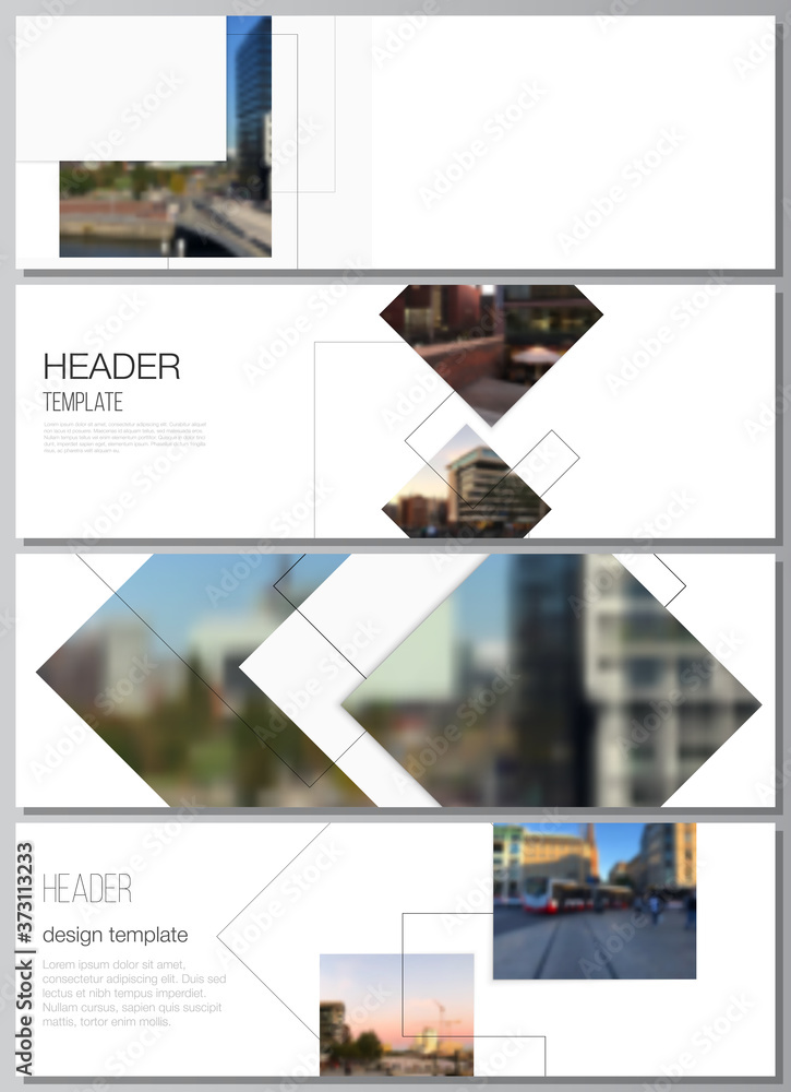 Poster vector layout of headers, banner design templates with geometric simple shapes, lines and photo plac