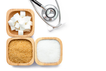 various type of sweet sugar with medical stethoscope.