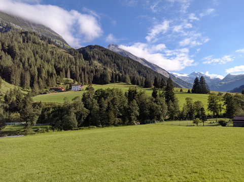 View to Tuxertal valley with Tux river and Zillertal alps near village Juns and Hintertux glacier in summer, Tirol Austria Europe