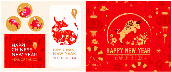 Happy chinese new year 2021 Zodiac sign, year of the ox, background - template design for poster, banner, social media post. set of design design for instagram stories, suitable for postcards, 
