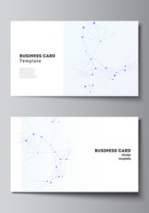 Vector layout of two creative business cards design templates, horizontal template vector design. Blue medical background with connecting lines and dots, plexus.