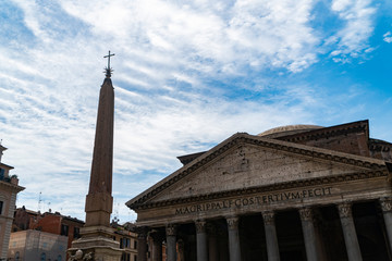 Ancient temple called PANTHEON in Rome Italy and the old egyptian obelisk