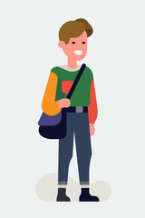 Cool vector flat character design on aesthetics fashion. Casually clothed cheerful millennial student standing full length wearing ankle length pants colorful loose sweater
