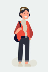 Cool vector flat character design on millennial boy. Casually clothed cheerful student standing full length wearing loose clothes, ankle length pants and beanie hat