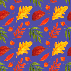 Fototapeta na wymiar Autumn colorful leaves seamless pattern. Bright multi colored leaves on blue background. Watercolor illustration