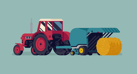 Baling process vector flat style illustration with red tractor pulling round baler with hay bale rolling out. Agriculture and farming concept design
