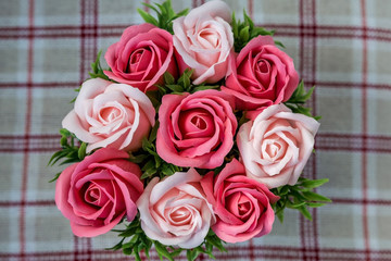 A bouquet of colorful roses. The view from the top.