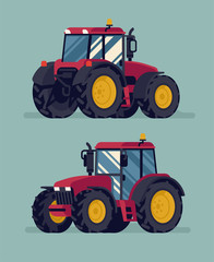 Farming heavy machinery vehicle vector concept. Four wheel drive tractor in flat design, from different angles. Modern farm field compact tractor vector agricultural design element