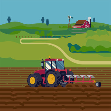 Cool vector flat illustration on farming with tractor plowing a field with reversible plow and a farm in the distance. Field soil ploughing process vector flat style concept