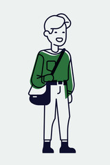 Cool linear illustration on young adult student in trendy outfit, isolated. Adjustable stroke weight