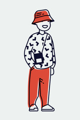 Cool linear illustration on young adult student in trendy outfit, isolated. Adjustable stroke weight