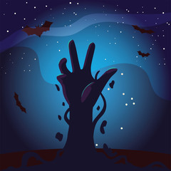 Halloween zombie hand at night vector design