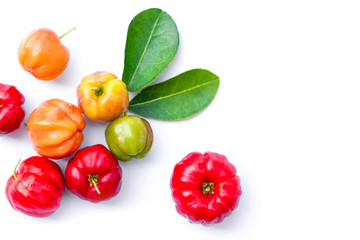 acerola cherry fruit isolated on white background . Top view.