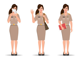Obraz premium Thai teacher in uniform standing pose. Young government going to job character.