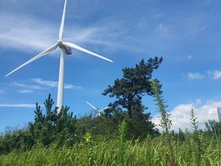 Sinan-gun, Jeollanam-do, South Korea - 26th July 2020 : Scenery of Egi Beach and wind power generator in Sinan-gun Island
