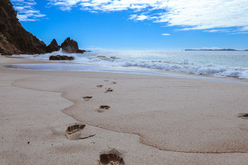 Footprint on sand beach. Rock hill & wavy sea in blue sky with clouds on a sunny day.  Seaside landscape on vacation. Outdoor travel in summer. Image on Otoma Beach, New Zealand.