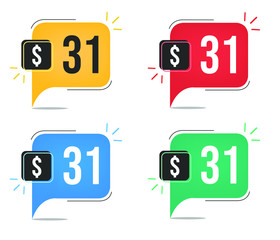 31 dollar price. Yellow, red, blue and green currency tags with balloon concept.