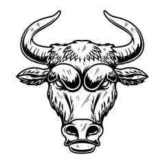 Illustration of head of bull in vintage monochrome style. Design element for logo, emblem, sign, poster, card, banner. Vector illustration