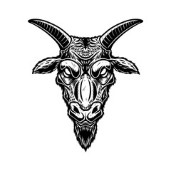 Illustration of head of goat in vintage monochrome style. Design element for logo, emblem, sign, poster, card, banner. Vector illustration
