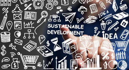 SUSTAINABLE DEVELOPMENT inscription, cloud technology concept. Business, Technology, Internet and network concept.