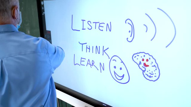 Portrait Of Happy Man With Gray Hair Putting A Medical Face Mask On At The Front Of A School Classroom.