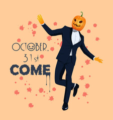 A chic man in a carnival costume spread his arms wide in a tact and stands on one leg. Jack o lantern character dressed in tuxedo is dancing. Halloween concept greeting card invitation. Vector