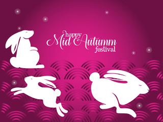 white rabbits on abstract clouds of happy mid autumn festival vector design