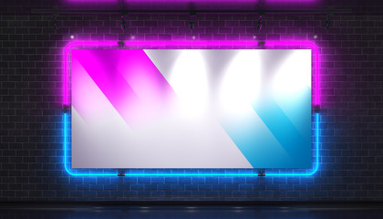 Fototapeta na wymiar Neon Glowing rectangle Frame for Banner on dark Brick Background. Shining Neon effect. Realistic bright night Signboard. 3D illustration.
