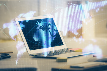 Multi exposure of business theme icons and table with computer background. Concept of success.