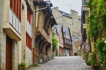 Fototapeta na wymiar Rue de Jerzual, one of the most beautiful streets in Dinan, Brittany, France