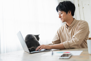 One man working remotely and a cat.