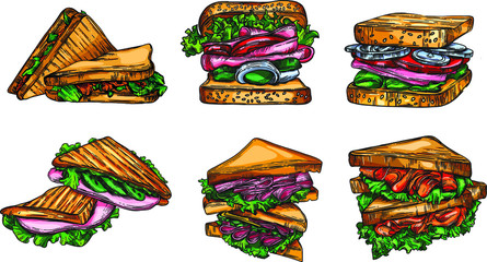A large set of sketches of sandwiches in the artline style. High drawing of details and elements.